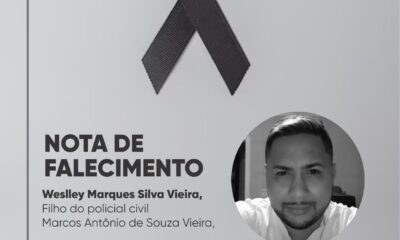 Nota de falecimento do filho do policial civil Marcos Antônio de Souza Vieira