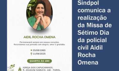 Sindpol comunica a realização da Missa de Sétimo Dia da policial civil Aidil Rocha Omena