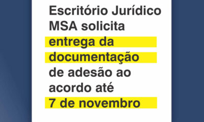 Escritório Jurídico MSA solicita entrega da documentação de adesão ao acordo até 7 de novembro