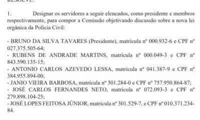 Delegado-Geral publica portaria com nomes da composição da Comissão da Lei Orgânica