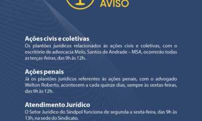 Sindpol informa mudança nos dias de plantões jurídicos na sede