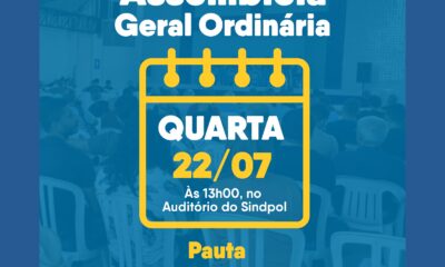 Sindpol tratará de Lei Orgânica, SVP e Autorização de ADIN em Assembleia Geral Ordinária no dia 22 de julho