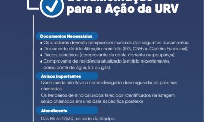 Sindpol convoca atualização de documentação para a Ação da URV